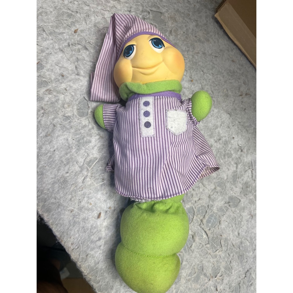 Vintage Playskool Glo Worm‎ Plush Green Purple Striped Pajamas 1980s Retro Toy